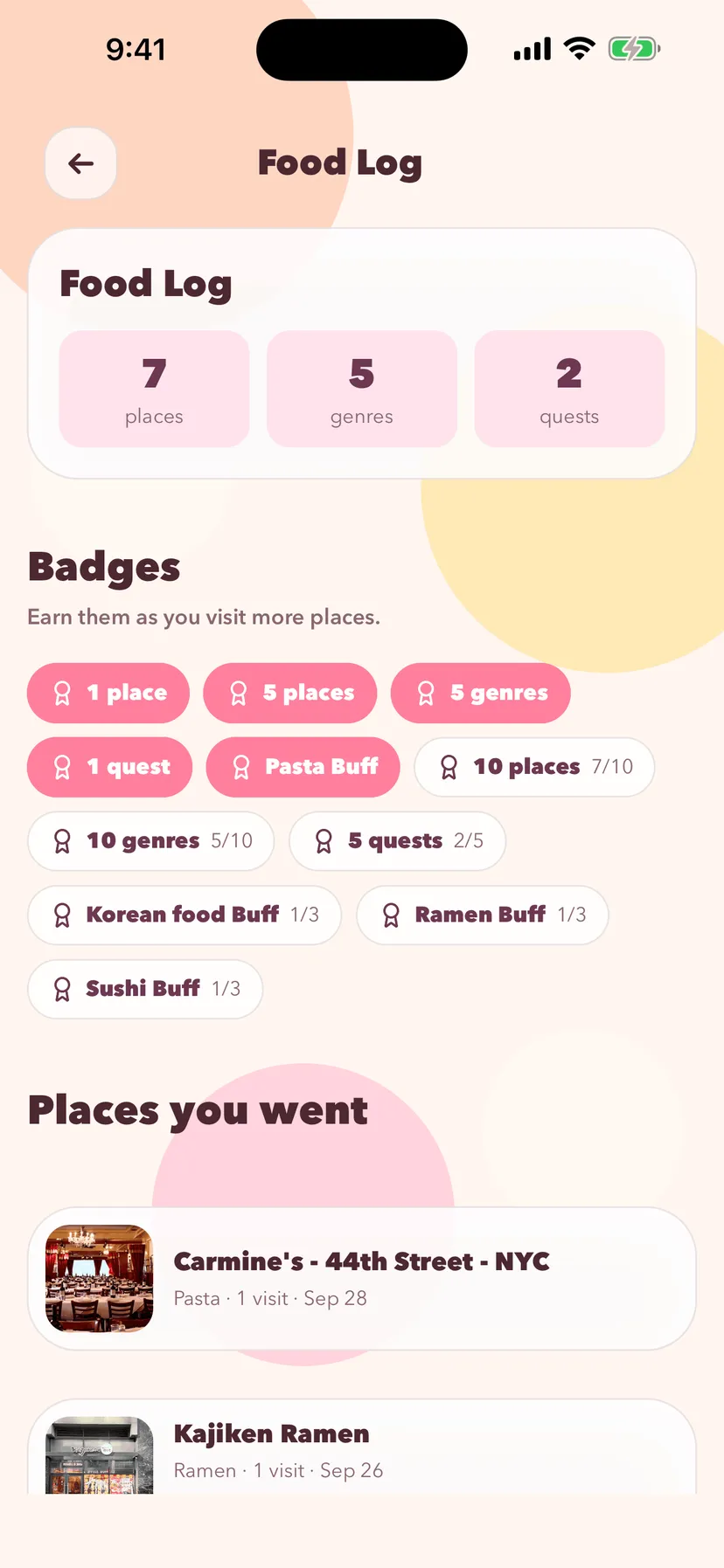 Food Log and badges