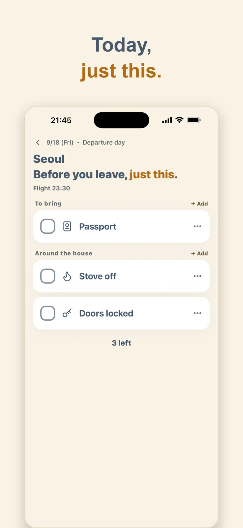 Departure day: only the passport, stove, and door lock are shown