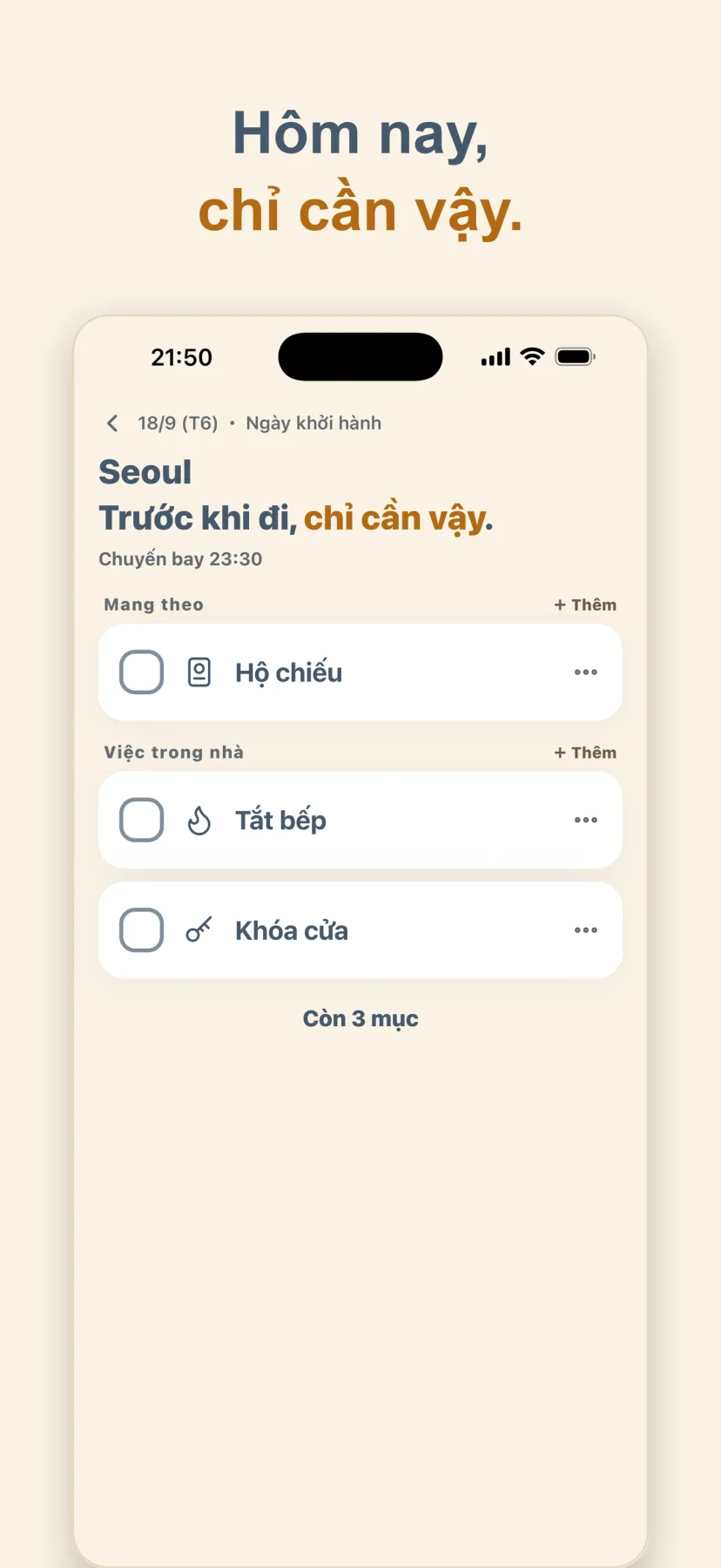 Ngày khởi hành: chỉ hiện hộ chiếu, bếp và khóa cửa