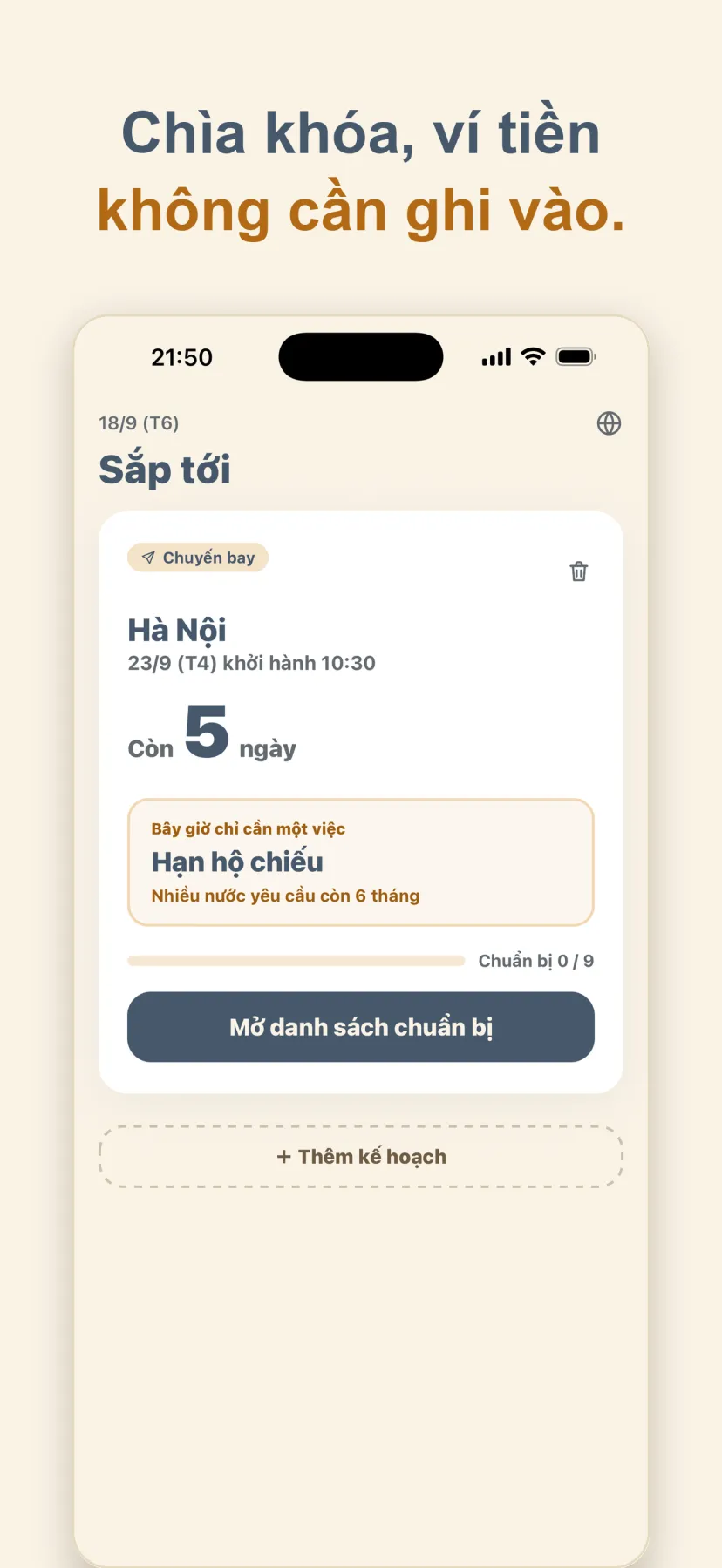 Màn hình chính: không có chìa khóa hay ví trong danh sách